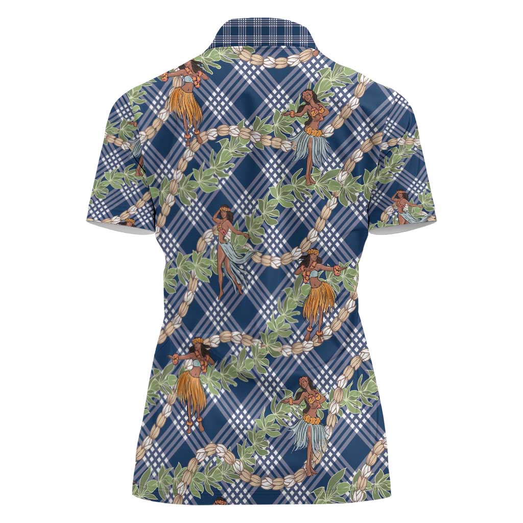Navy Blue Palaka Hula Girls Seamless Hawaii Aloha Women Polo Shirt - Polynesian Pride