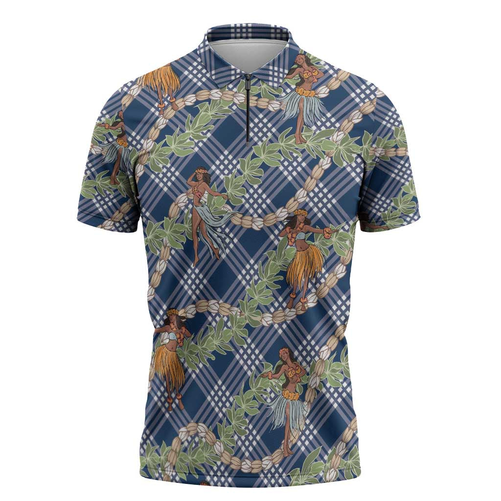 Navy Blue Palaka Hula Girls Seamless Hawaii Aloha Zipper Polo Shirt - Polynesian Pride