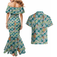 Teal Palaka Hula Girls Seamless Hawaii Aloha Couples Matching Mermaid Dress and Hawaiian Shirt - Polynesian Pride