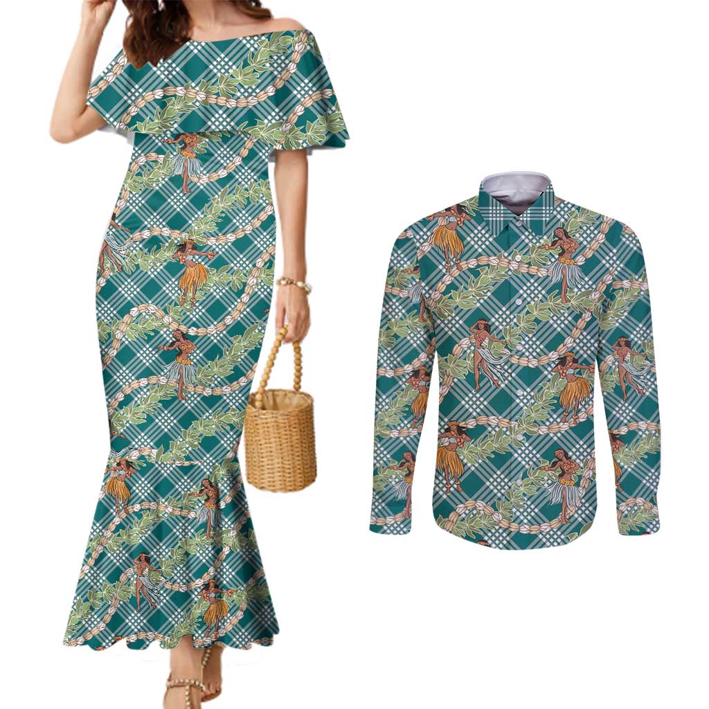 Teal Palaka Hula Girls Seamless Hawaii Aloha Couples Matching Mermaid Dress and Long Sleeve Button Shirt - Polynesian Pride