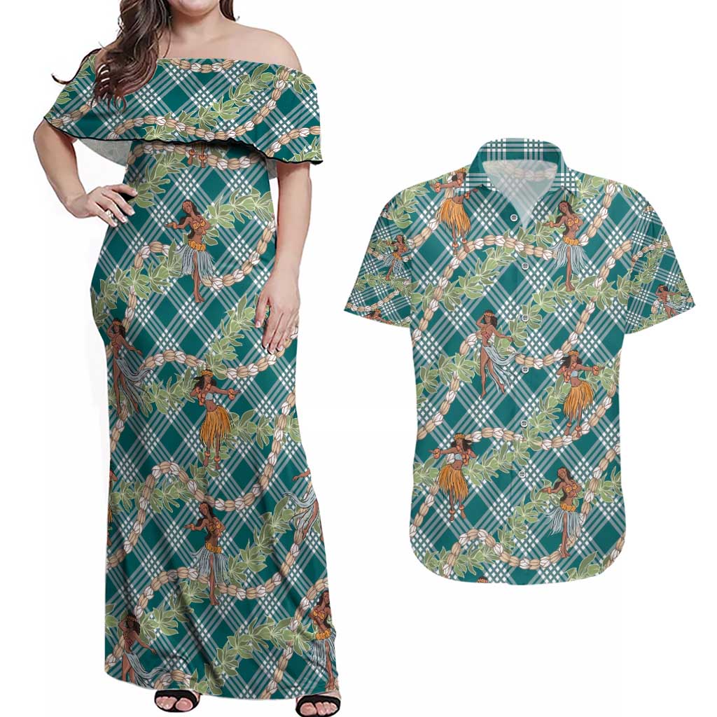 Teal Palaka Hula Girls Seamless Hawaii Aloha Couples Matching Off Shoulder Maxi Dress and Hawaiian Shirt - Polynesian Pride