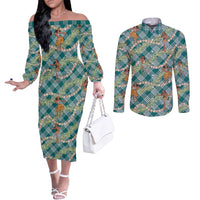 Teal Palaka Hula Girls Seamless Hawaii Aloha Couples Matching Off The Shoulder Long Sleeve Dress and Long Sleeve Button Shirt - Polynesian Pride