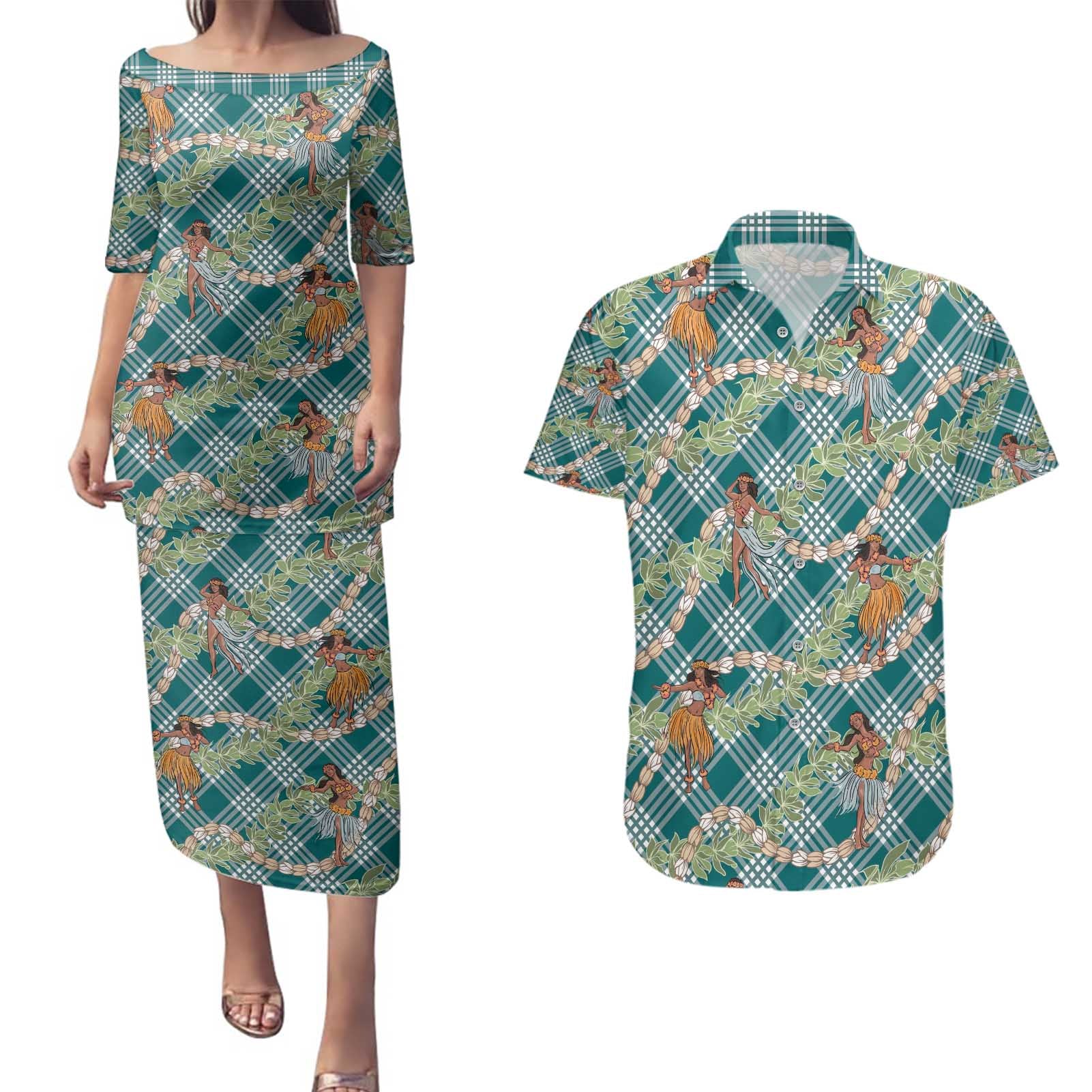 Teal Palaka Hula Girls Seamless Hawaii Aloha Couples Matching Puletasi and Hawaiian Shirt - Polynesian Pride