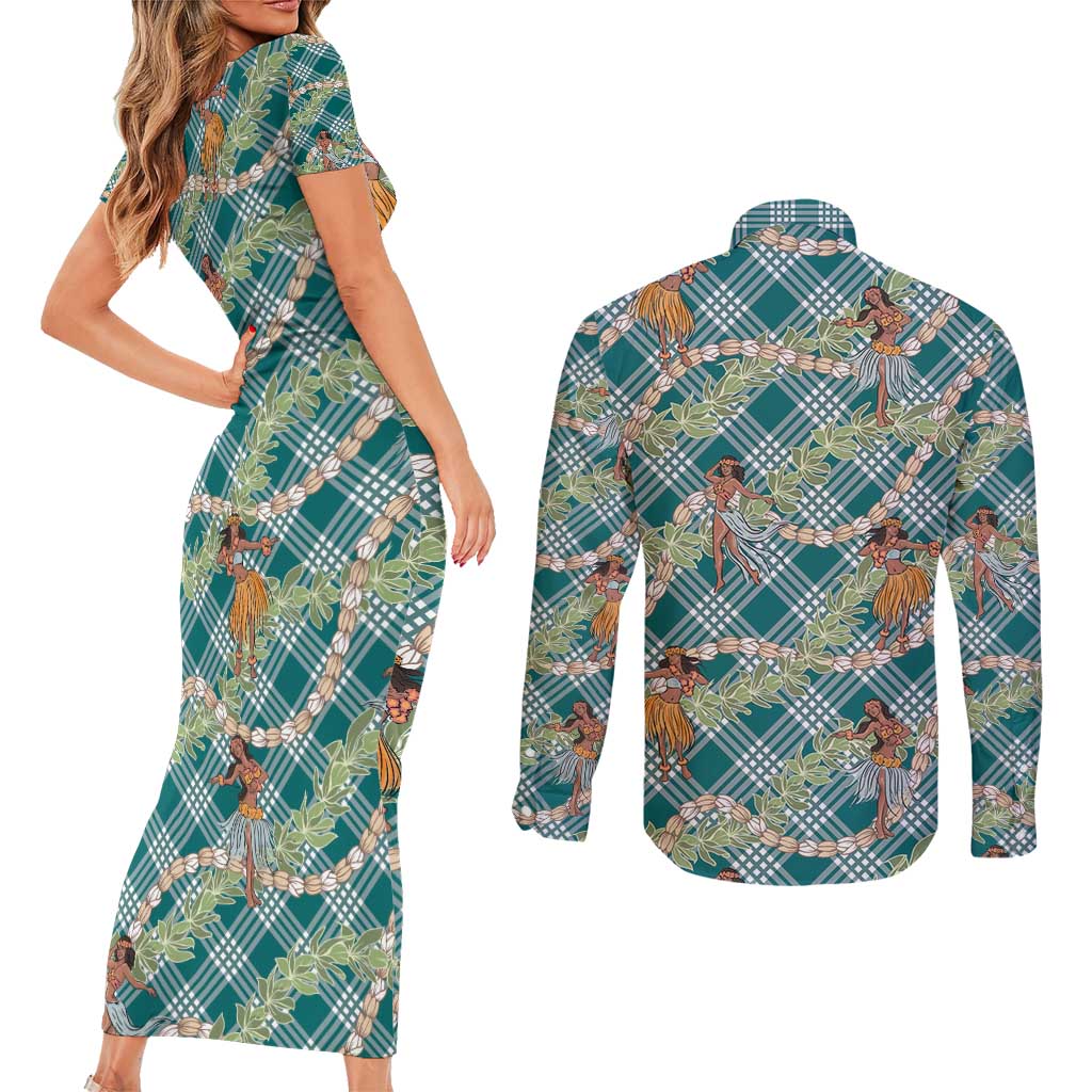 Teal Palaka Hula Girls Seamless Hawaii Aloha Couples Matching Short Sleeve Bodycon Dress and Long Sleeve Button Shirt - Polynesian Pride