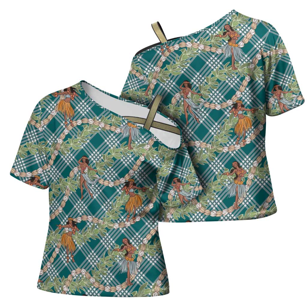 Teal Palaka Hula Girls Seamless Hawaii Aloha Cross Shoulder Shirt - Polynesian Pride