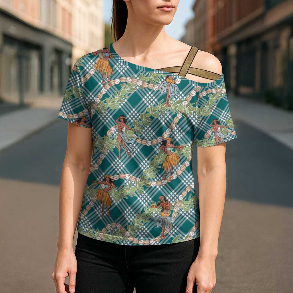 Teal Palaka Hula Girls Seamless Hawaii Aloha Cross Shoulder Shirt - Polynesian Pride
