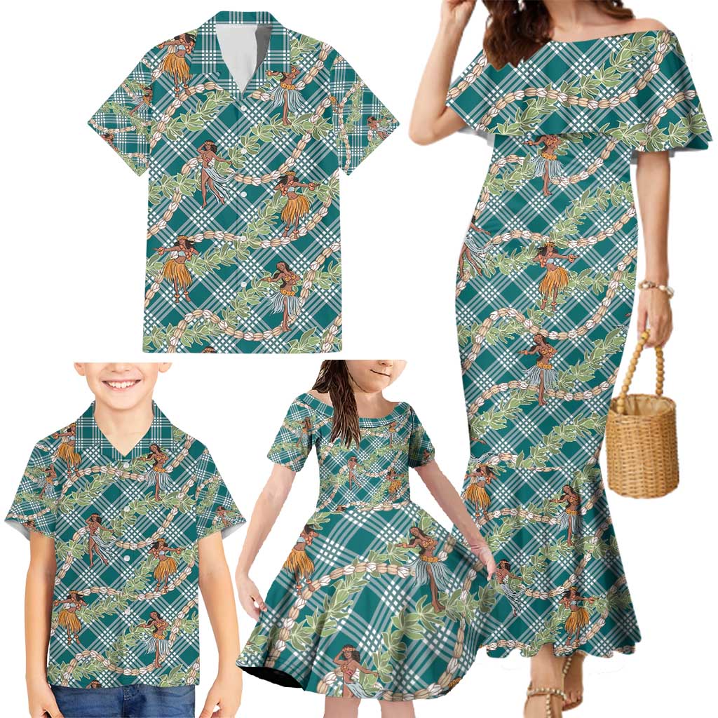 Teal Palaka Hula Girls Seamless Hawaii Aloha Family Matching Mermaid Dress and Hawaiian Shirt - Polynesian Pride