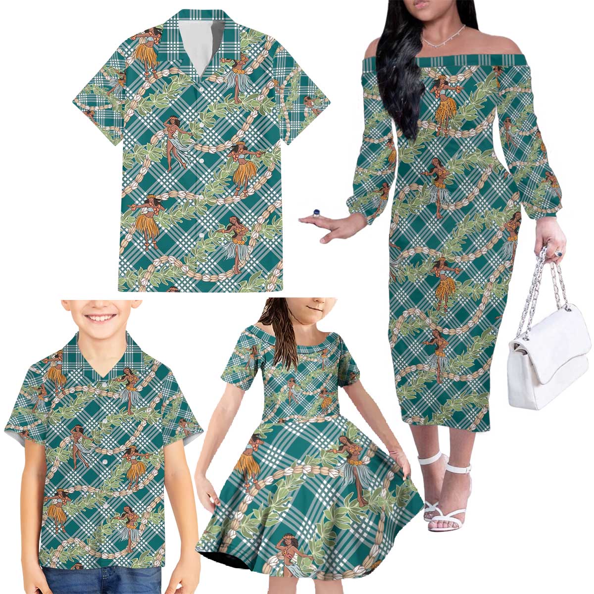 Teal Palaka Hula Girls Seamless Hawaii Aloha Family Matching Off The Shoulder Long Sleeve Dress and Hawaiian Shirt - Polynesian Pride