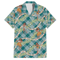 Teal Palaka Hula Girls Seamless Hawaii Aloha Family Matching Off The Shoulder Long Sleeve Dress and Hawaiian Shirt - Polynesian Pride