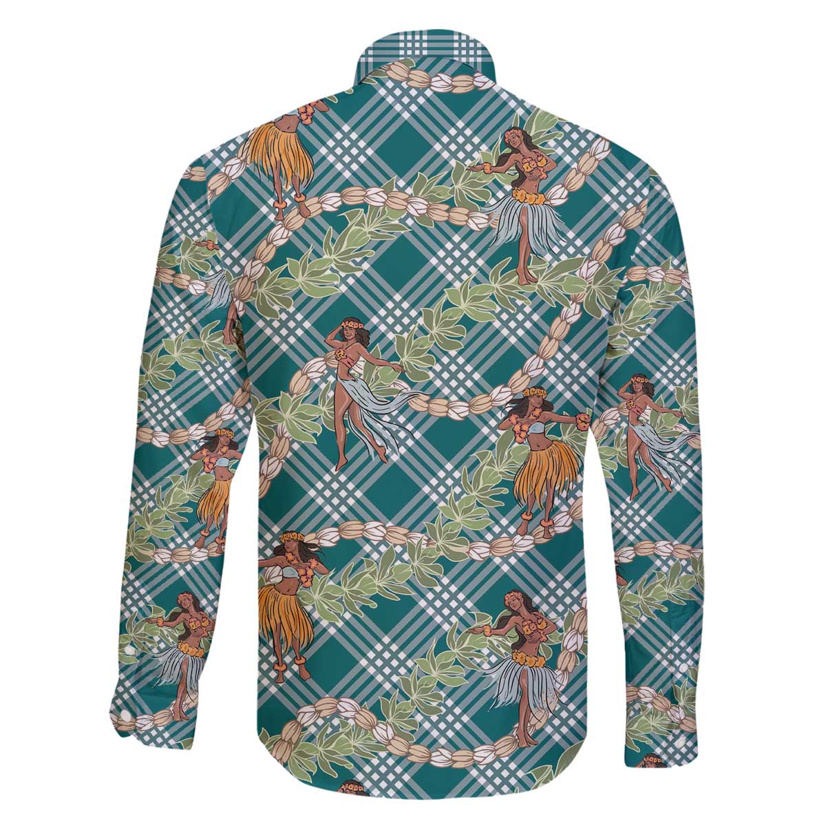 Teal Palaka Hula Girls Seamless Hawaii Aloha Family Matching Off The Shoulder Long Sleeve Dress and Hawaiian Shirt - Polynesian Pride