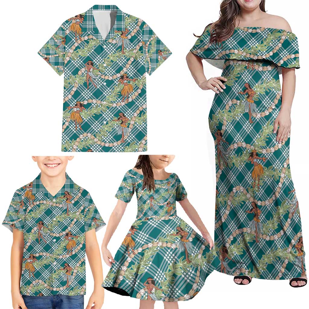 Teal Palaka Hula Girls Seamless Hawaii Aloha Family Matching Off Shoulder Maxi Dress and Hawaiian Shirt - Polynesian Pride