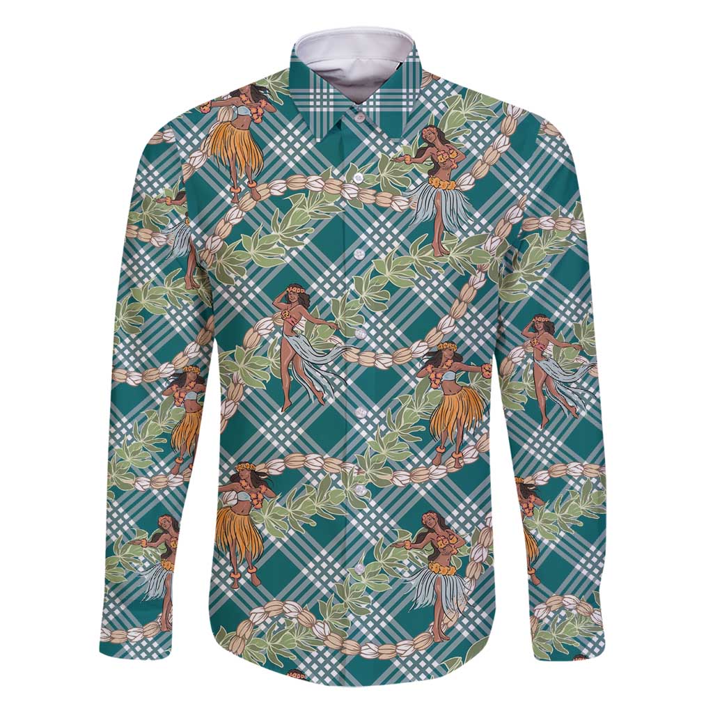 Teal Palaka Hula Girls Seamless Hawaii Aloha Family Matching Off Shoulder Maxi Dress and Hawaiian Shirt - Polynesian Pride