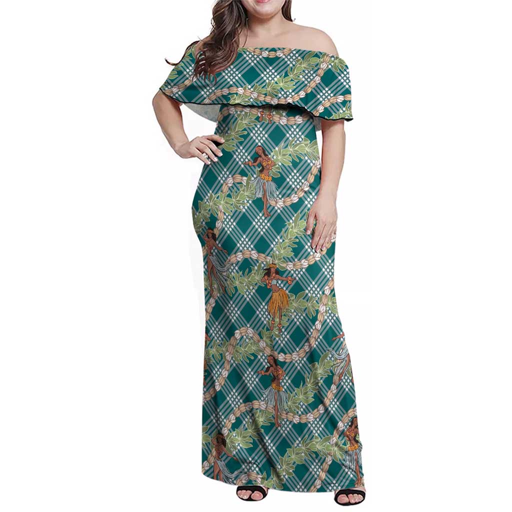 Teal Palaka Hula Girls Seamless Hawaii Aloha Family Matching Off Shoulder Maxi Dress and Hawaiian Shirt - Polynesian Pride