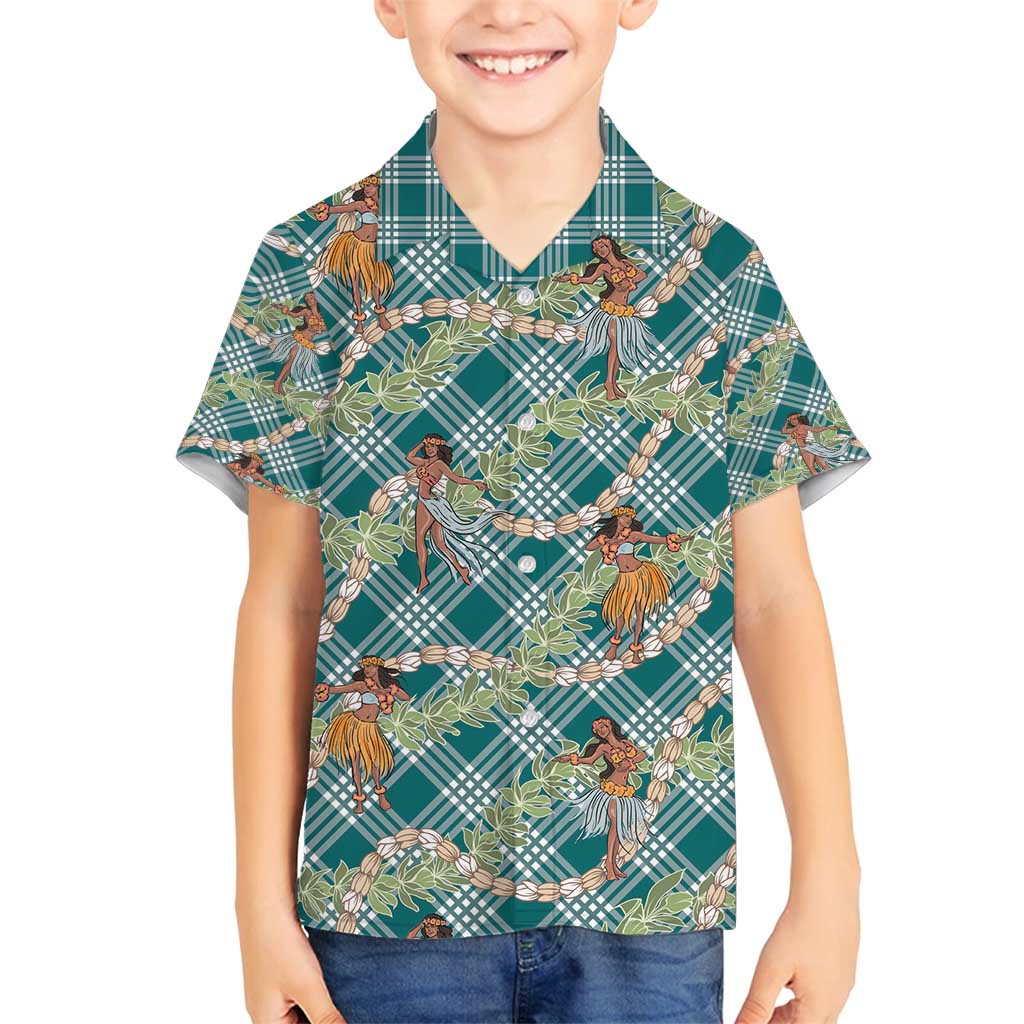 Teal Palaka Hula Girls Seamless Hawaii Aloha Family Matching Off Shoulder Maxi Dress and Hawaiian Shirt - Polynesian Pride