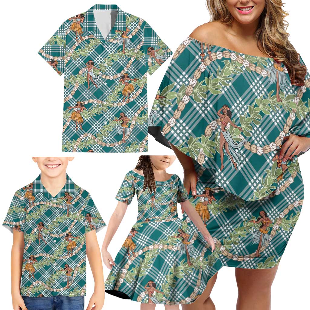 Teal Palaka Hula Girls Seamless Hawaii Aloha Family Matching Off Shoulder Short Dress and Hawaiian Shirt LT7 - Polynesian Pride