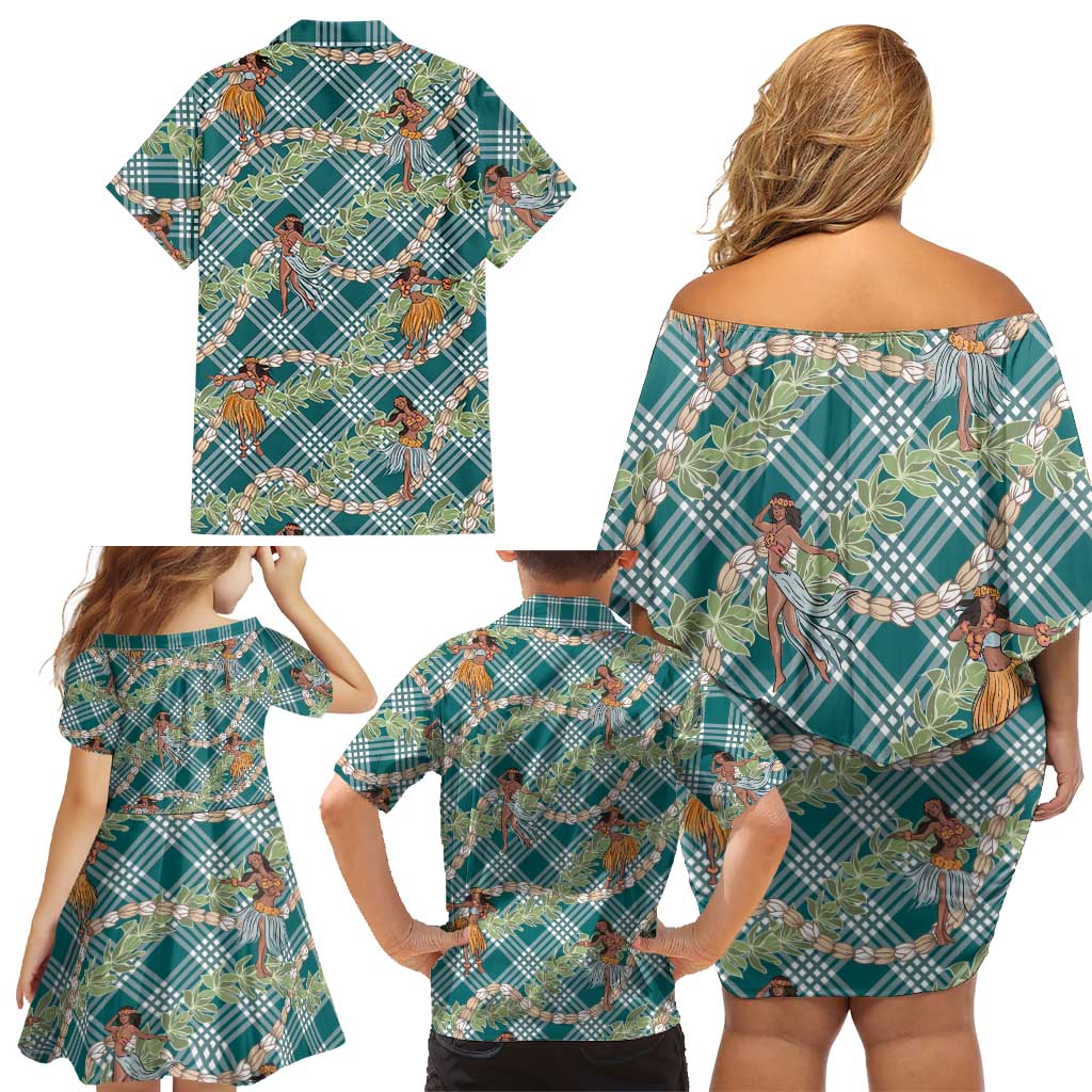 Teal Palaka Hula Girls Seamless Hawaii Aloha Family Matching Off Shoulder Short Dress and Hawaiian Shirt LT7 - Polynesian Pride