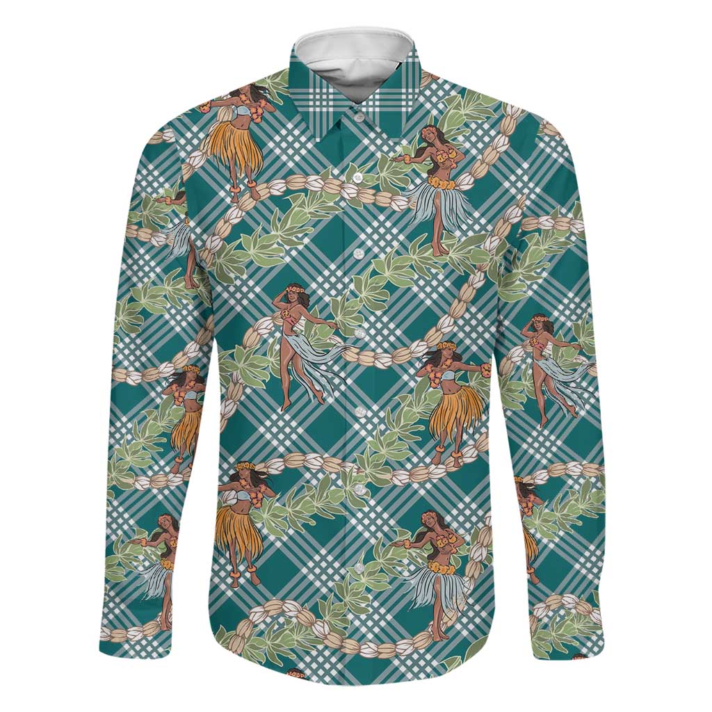 Teal Palaka Hula Girls Seamless Hawaii Aloha Family Matching Off Shoulder Short Dress and Hawaiian Shirt LT7 Dad's Shirt - Long Sleeve Teal - Polynesian Pride