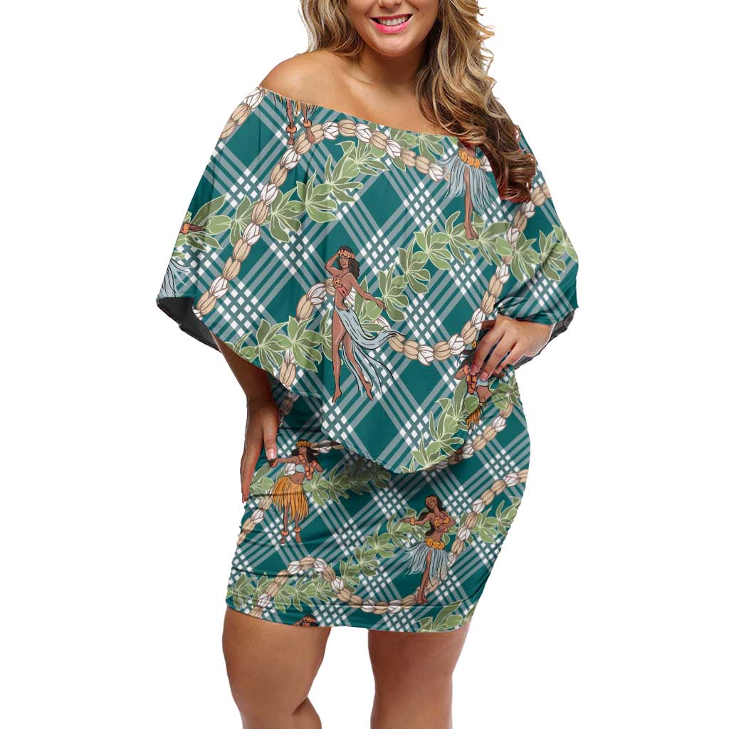 Teal Palaka Hula Girls Seamless Hawaii Aloha Family Matching Off Shoulder Short Dress and Hawaiian Shirt LT7 Mom's Dress Teal - Polynesian Pride