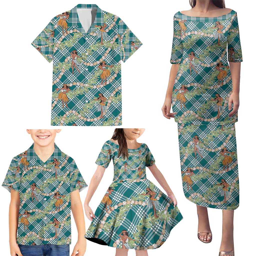 Teal Palaka Hula Girls Seamless Hawaii Aloha Family Matching Puletasi and Hawaiian Shirt - Polynesian Pride