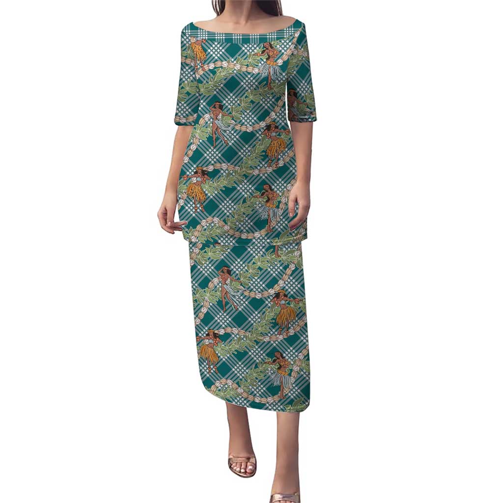 Teal Palaka Hula Girls Seamless Hawaii Aloha Family Matching Puletasi and Hawaiian Shirt LT7 Mom's Dress Teal - Polynesian Pride