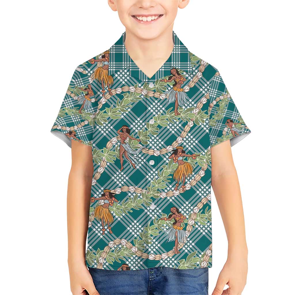 Teal Palaka Hula Girls Seamless Hawaii Aloha Family Matching Short Sleeve Bodycon Dress and Hawaiian Shirt - Polynesian Pride