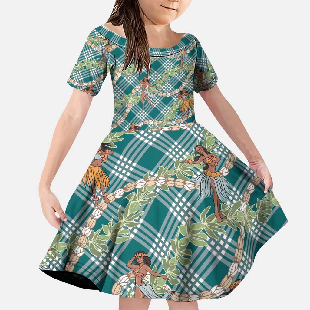 Teal Palaka Hula Girls Seamless Hawaii Aloha Family Matching Summer Maxi Dress and Hawaiian Shirt LT7 Daughter's Dress Teal - Polynesian Pride