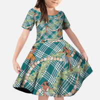 Teal Palaka Hula Girls Seamless Hawaii Aloha Family Matching Summer Maxi Dress and Hawaiian Shirt LT7 Daughter's Dress Teal - Polynesian Pride