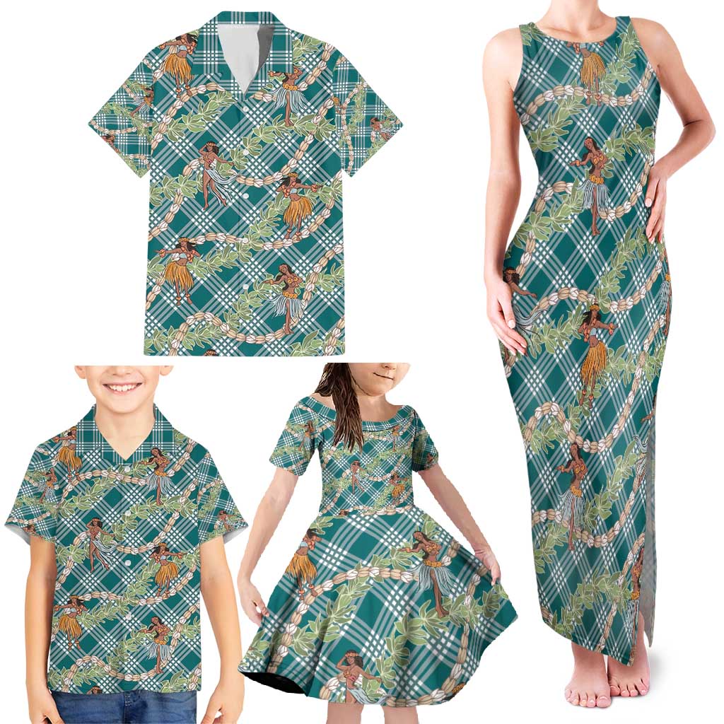 Teal Palaka Hula Girls Seamless Hawaii Aloha Family Matching Tank Maxi Dress and Hawaiian Shirt - Polynesian Pride