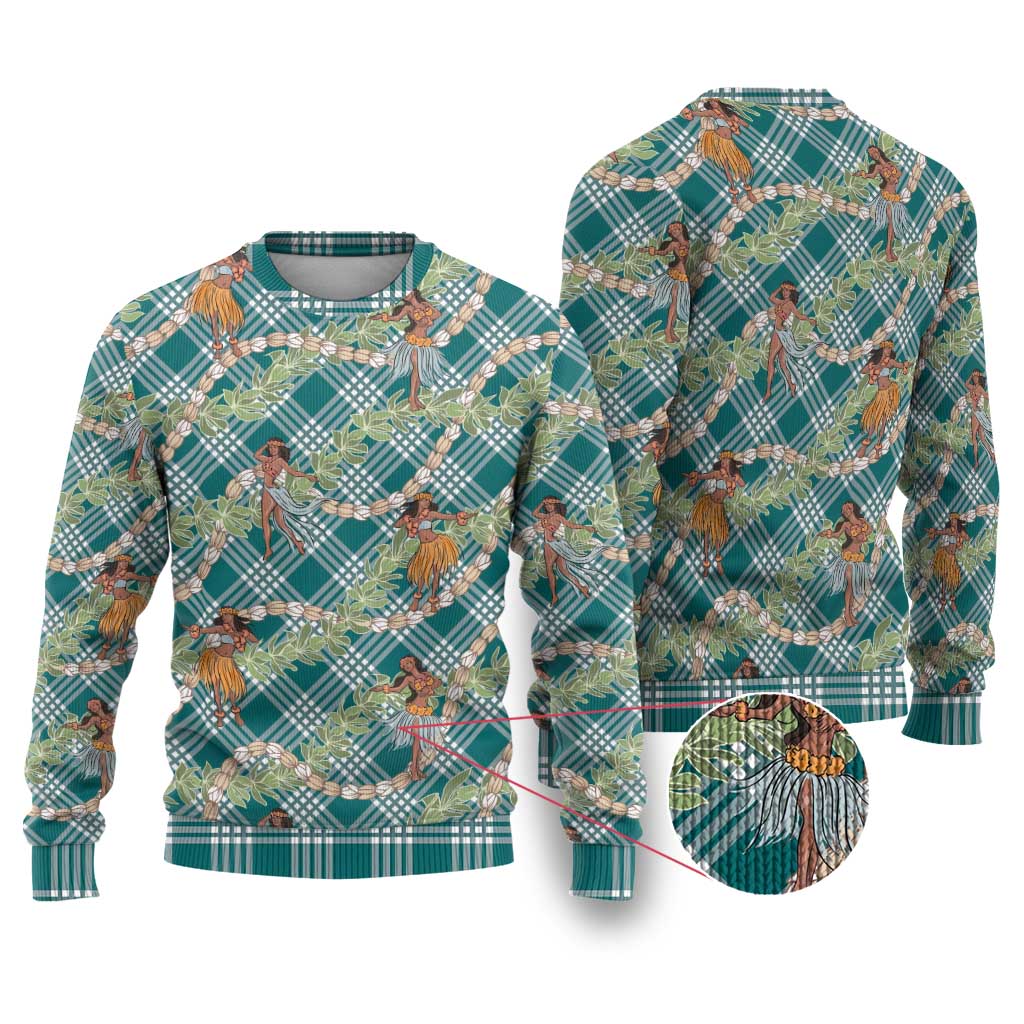 Teal Palaka Hula Girls Seamless Hawaii Aloha Ugly Christmas Sweater - Polynesian Pride