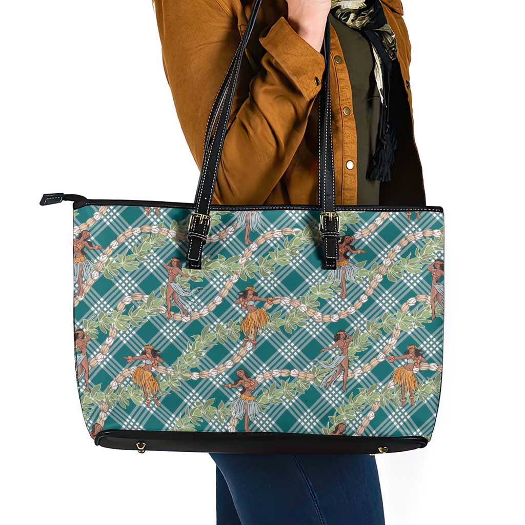 Teal Palaka Hula Girls Seamless Hawaii Aloha Leather Tote Bag - Polynesian Pride