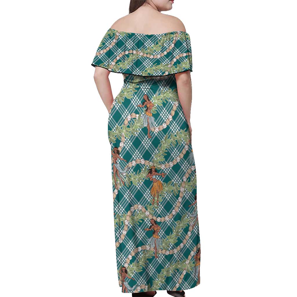 Teal Palaka Hula Girls Seamless Hawaii Aloha Off Shoulder Maxi Dress - Polynesian Pride