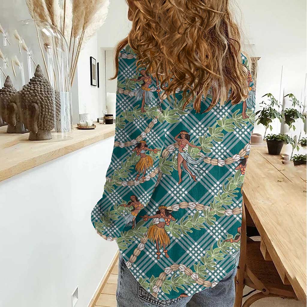Teal Palaka Hula Girls Seamless Hawaii Aloha Women Casual Shirt - Polynesian Pride