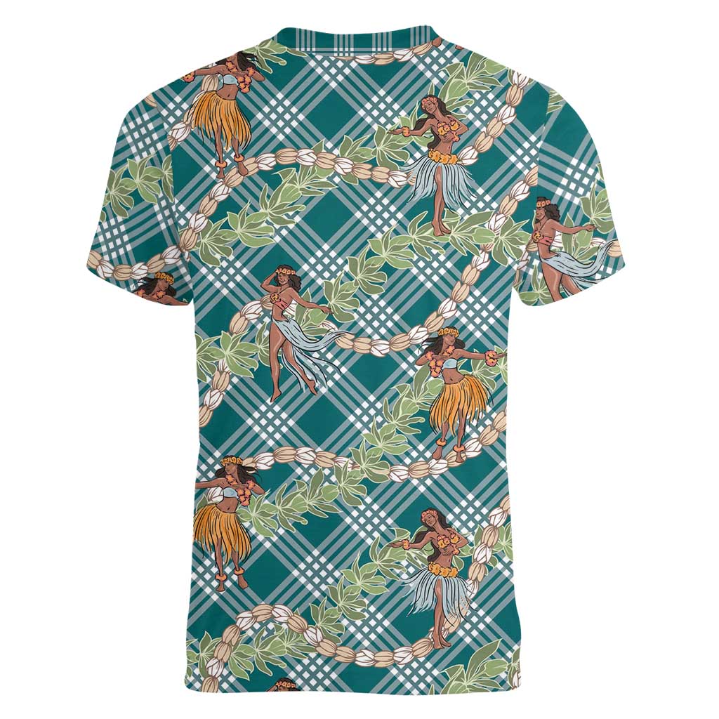 Teal Palaka Hula Girls Seamless Hawaii Aloha Women V-Neck T-Shirt - Polynesian Pride
