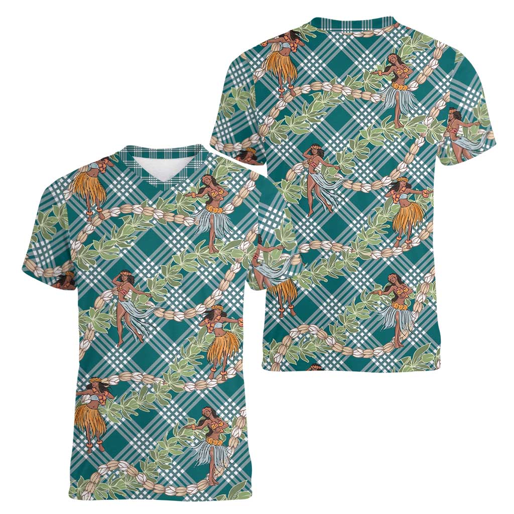 Teal Palaka Hula Girls Seamless Hawaii Aloha Women V-Neck T-Shirt - Polynesian Pride