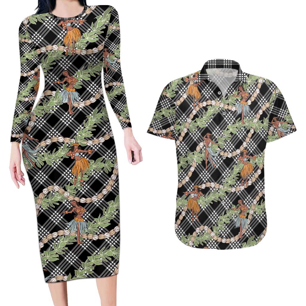 Sable Palaka Hula Girls Seamless Hawaii Aloha Couples Matching Long Sleeve Bodycon Dress and Hawaiian Shirt LT7 Black - Polynesian Pride