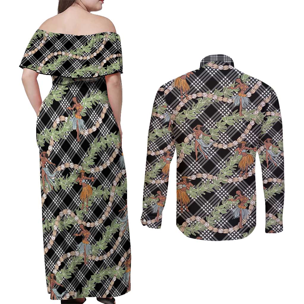 Sable Palaka Hula Girls Seamless Hawaii Aloha Couples Matching Off Shoulder Maxi Dress and Long Sleeve Button Shirt - Polynesian Pride