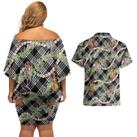 Sable Palaka Hula Girls Seamless Hawaii Aloha Couples Matching Off Shoulder Short Dress and Hawaiian Shirt - Polynesian Pride