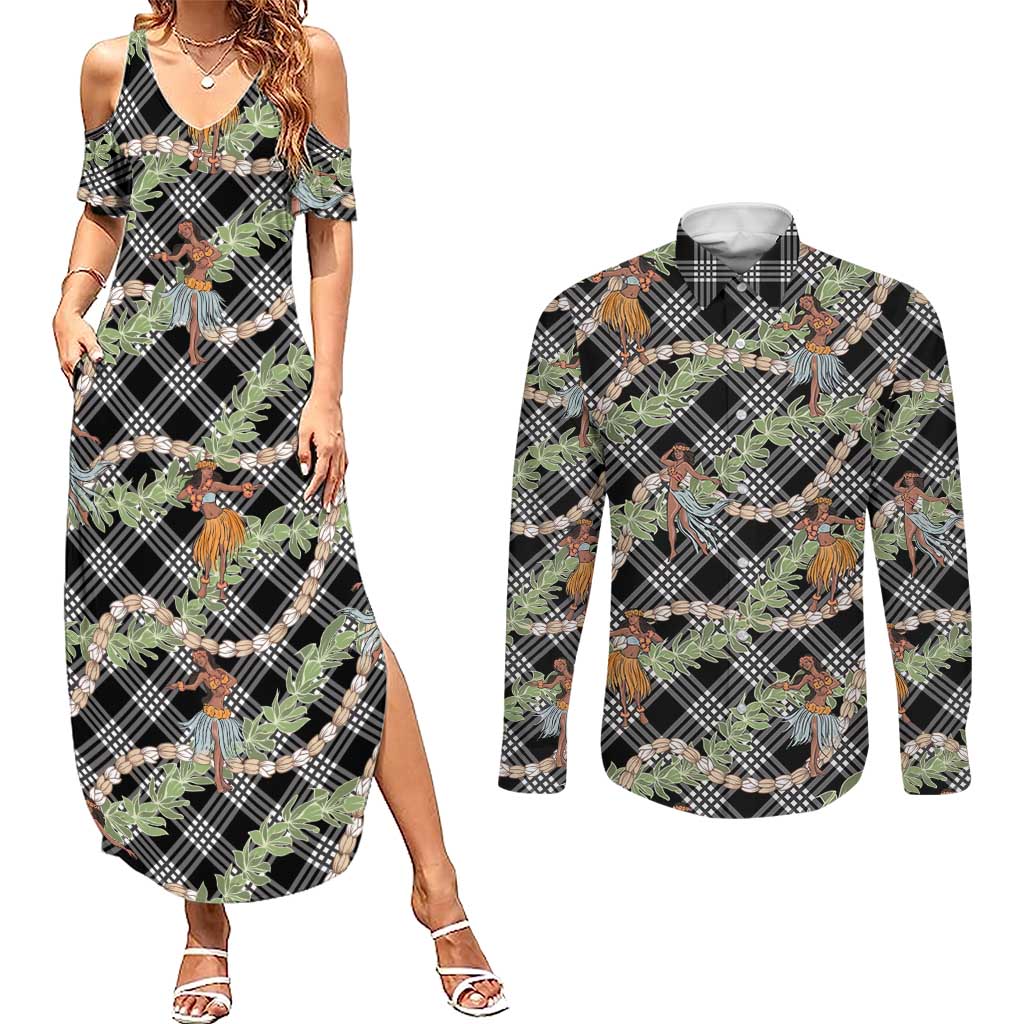 Sable Palaka Hula Girls Seamless Hawaii Aloha Couples Matching Summer Maxi Dress and Long Sleeve Button Shirt - Polynesian Pride