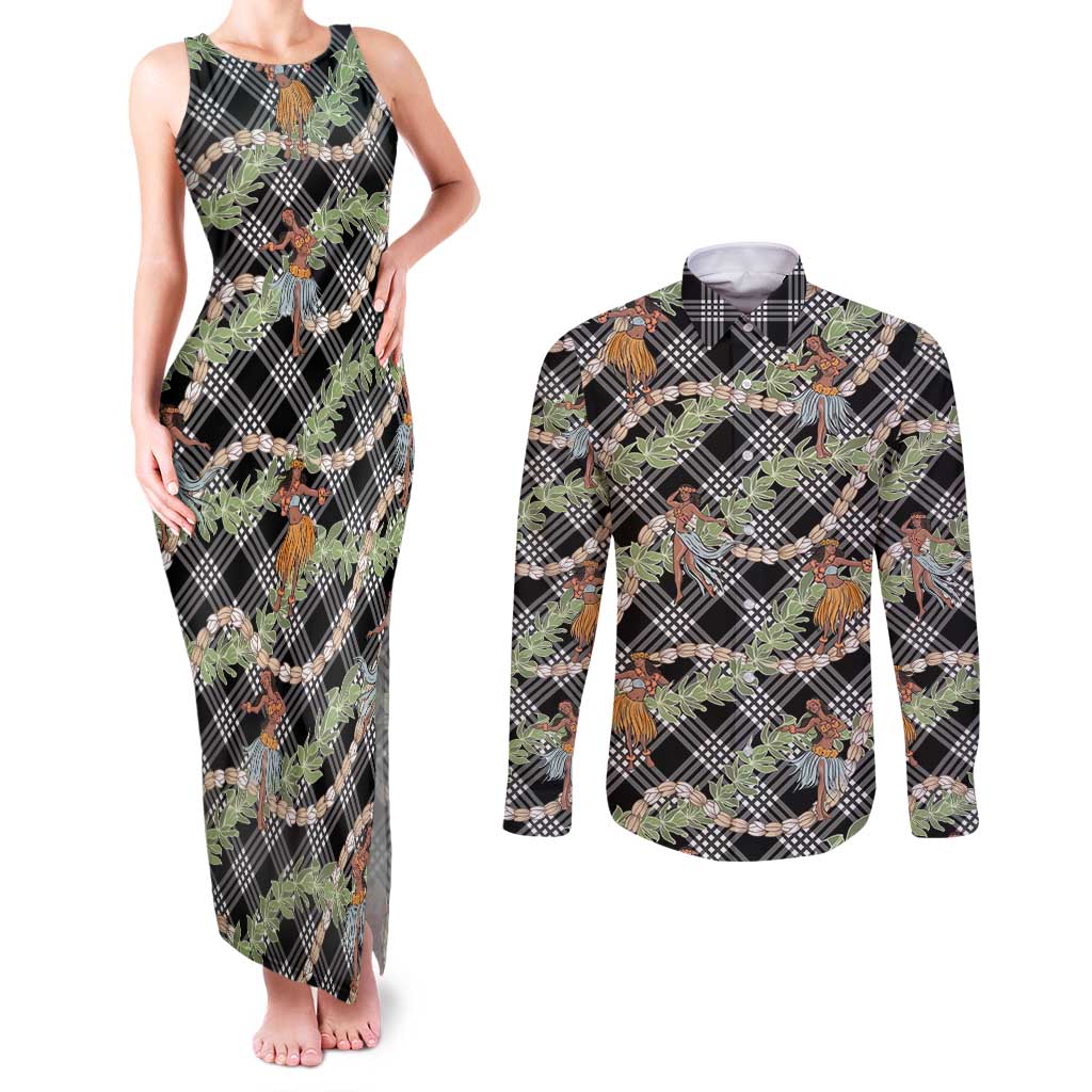 Sable Palaka Hula Girls Seamless Hawaii Aloha Couples Matching Tank Maxi Dress and Long Sleeve Button Shirt - Polynesian Pride
