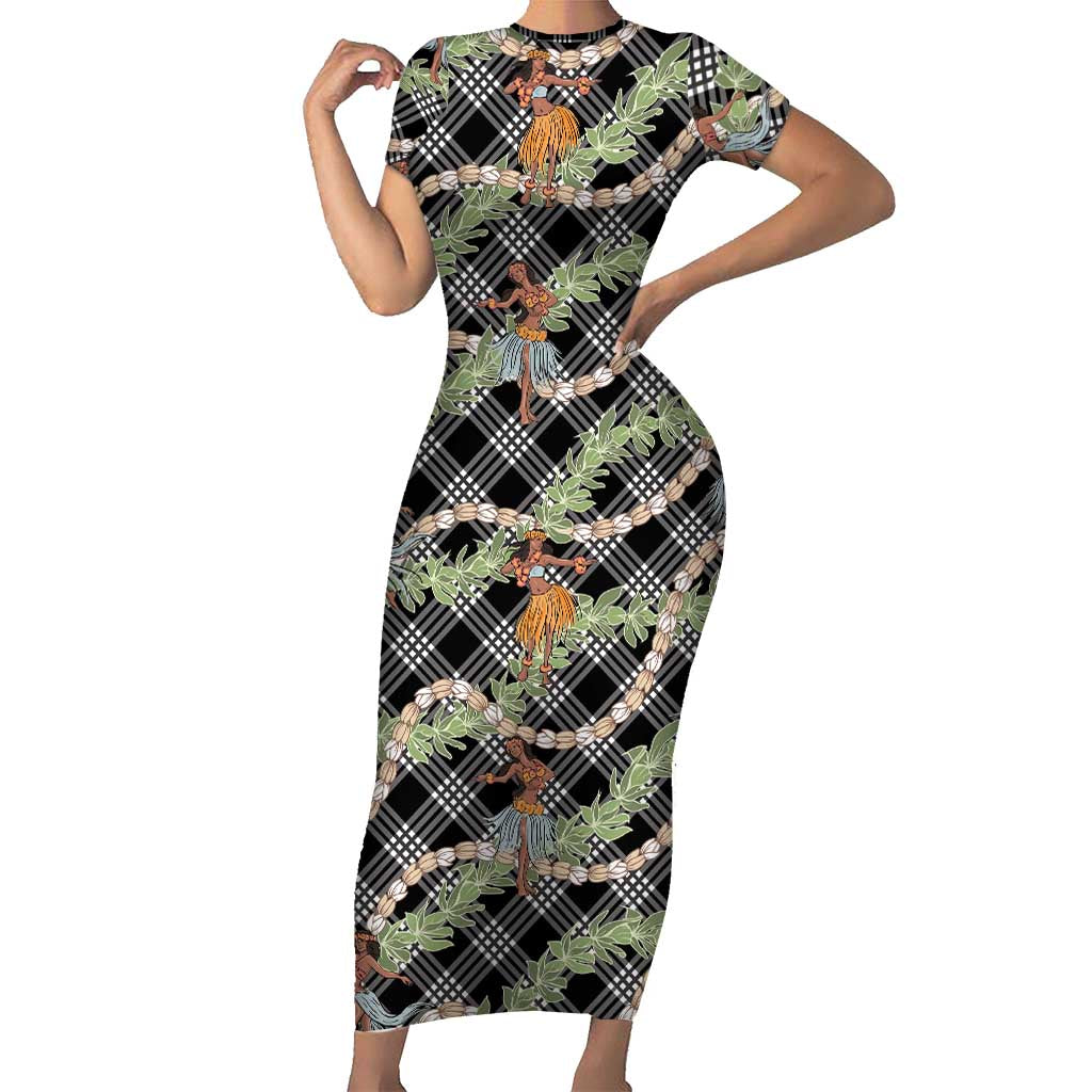 Sable Palaka Hula Girls Seamless Hawaii Aloha Family Matching Short Sleeve Bodycon Dress and Hawaiian Shirt LT7 Mom's Dress Black - Polynesian Pride