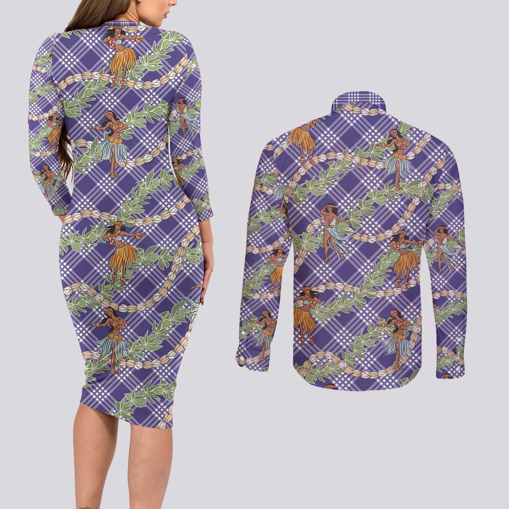 Lavender Palaka Hula Girls Seamless Hawaii Aloha Couples Matching Long Sleeve Bodycon Dress and Long Sleeve Button Shirt LT7 - Polynesian Pride