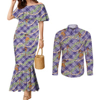 Lavender Palaka Hula Girls Seamless Hawaii Aloha Couples Matching Mermaid Dress and Long Sleeve Button Shirt - Polynesian Pride