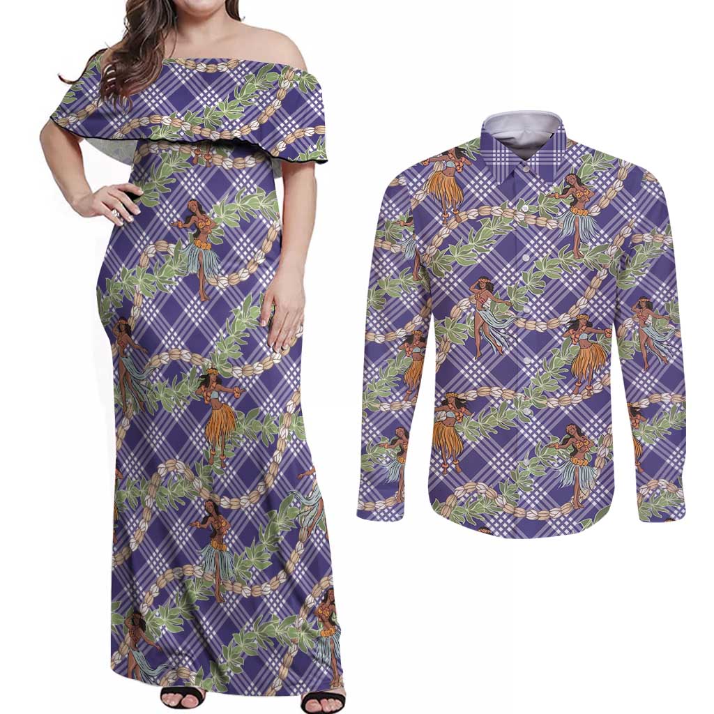 Lavender Palaka Hula Girls Seamless Hawaii Aloha Couples Matching Off Shoulder Maxi Dress and Long Sleeve Button Shirt LT7 Lavender - Polynesian Pride