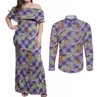 Lavender Palaka Hula Girls Seamless Hawaii Aloha Couples Matching Off Shoulder Maxi Dress and Long Sleeve Button Shirt LT7 Lavender - Polynesian Pride