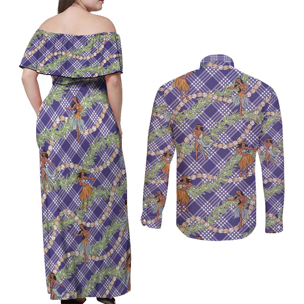 Lavender Palaka Hula Girls Seamless Hawaii Aloha Couples Matching Off Shoulder Maxi Dress and Long Sleeve Button Shirt LT7 - Polynesian Pride