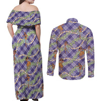 Lavender Palaka Hula Girls Seamless Hawaii Aloha Couples Matching Off Shoulder Maxi Dress and Long Sleeve Button Shirt LT7 - Polynesian Pride