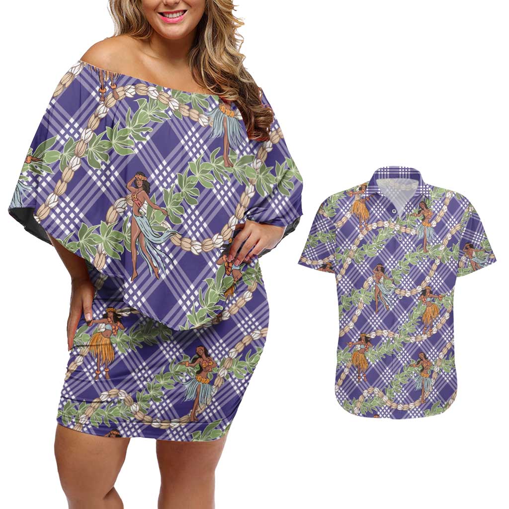 Lavender Palaka Hula Girls Seamless Hawaii Aloha Couples Matching Off Shoulder Short Dress and Hawaiian Shirt LT7 Lavender - Polynesian Pride