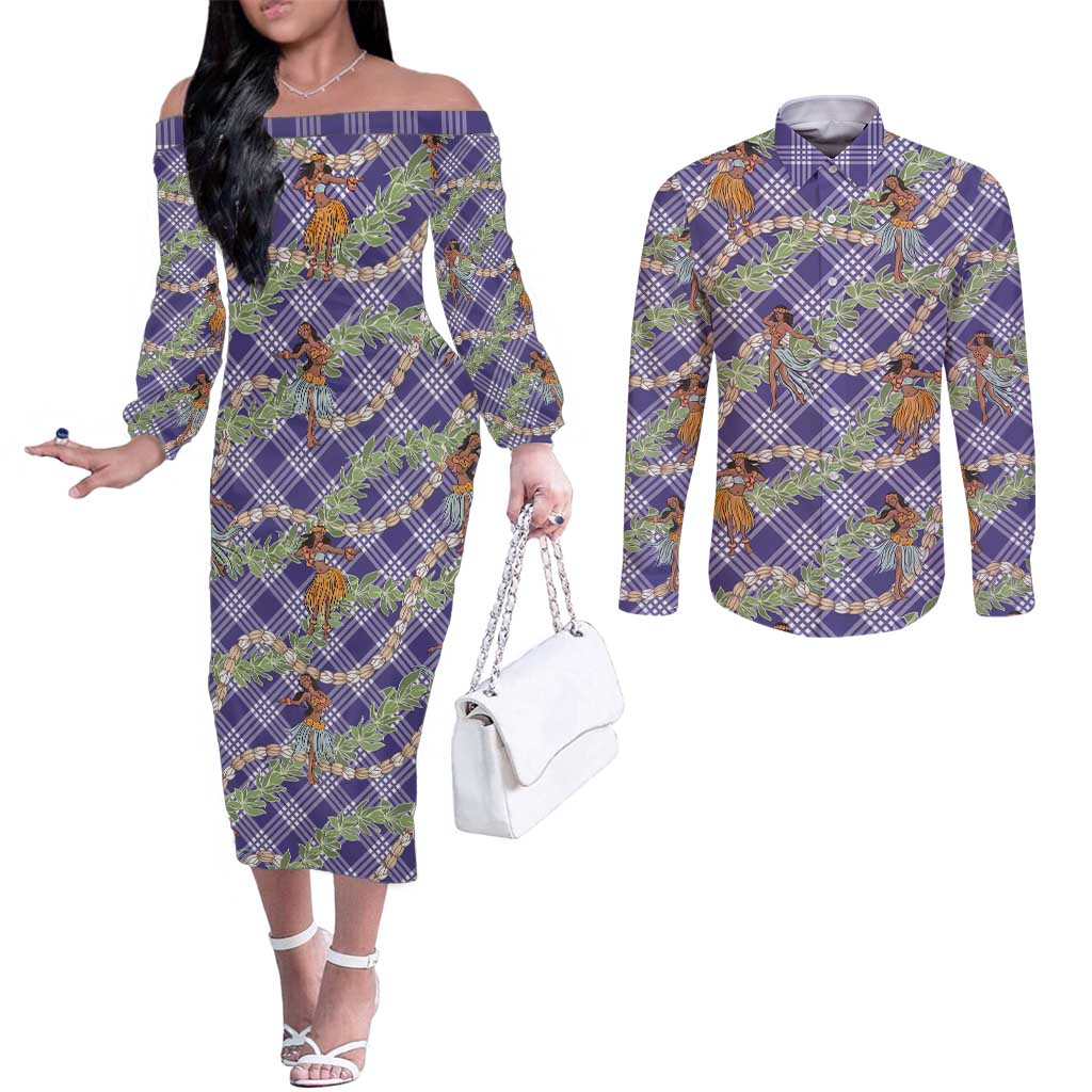 Lavender Palaka Hula Girls Seamless Hawaii Aloha Couples Matching Off The Shoulder Long Sleeve Dress and Long Sleeve Button Shirt LT7 Lavender - Polynesian Pride
