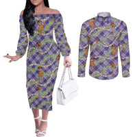 Lavender Palaka Hula Girls Seamless Hawaii Aloha Couples Matching Off The Shoulder Long Sleeve Dress and Long Sleeve Button Shirt LT7 Lavender - Polynesian Pride