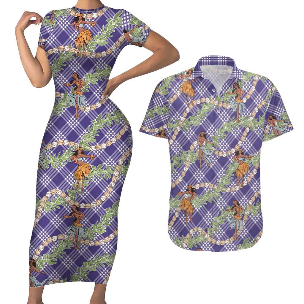 Lavender Palaka Hula Girls Seamless Hawaii Aloha Couples Matching Short Sleeve Bodycon Dress and Hawaiian Shirt LT7 Lavender - Polynesian Pride